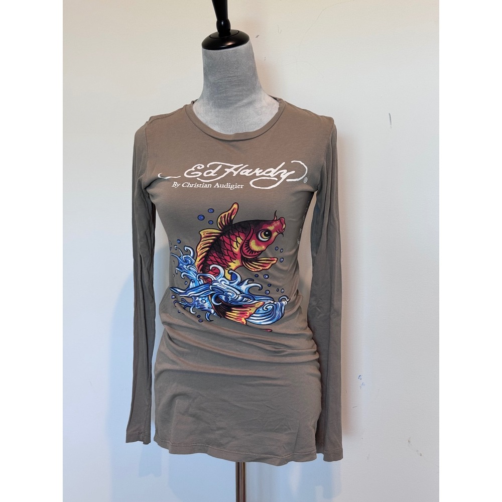 Ed Hardy Christian Audigier Womens Koi Fish Long Sleeve Tee Taupe Brown Size M